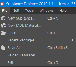 Substance Designer 2019.1.1 - License: 35 
File Edit Tools Windows Help 
New Substance... 
New MDL Materialm 
Openm 
Recent Packages 
Save All 
Reload Resources 
ctrl*N 
ctrl*0 
ctrl*Q 