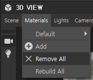 e 3D VIEW 
Scene Materials Lights 
Default 
O Add 
X Remove All 
Rebuild All 
Came ri 