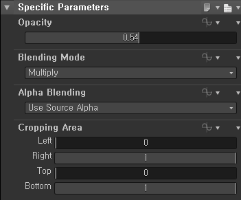 Specific Parameters 
Opacity 
Blending Mode 
Alpha Blending 
use Source Alpha 
Cropping Area 
Top 
Bottom 