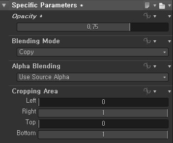 Specific Parameters * 
Op a city 
Blending Mode 
Alpha Blending 
use Source Alpha 
Cropping Area 
Top 
Bottom 
O. 75 
